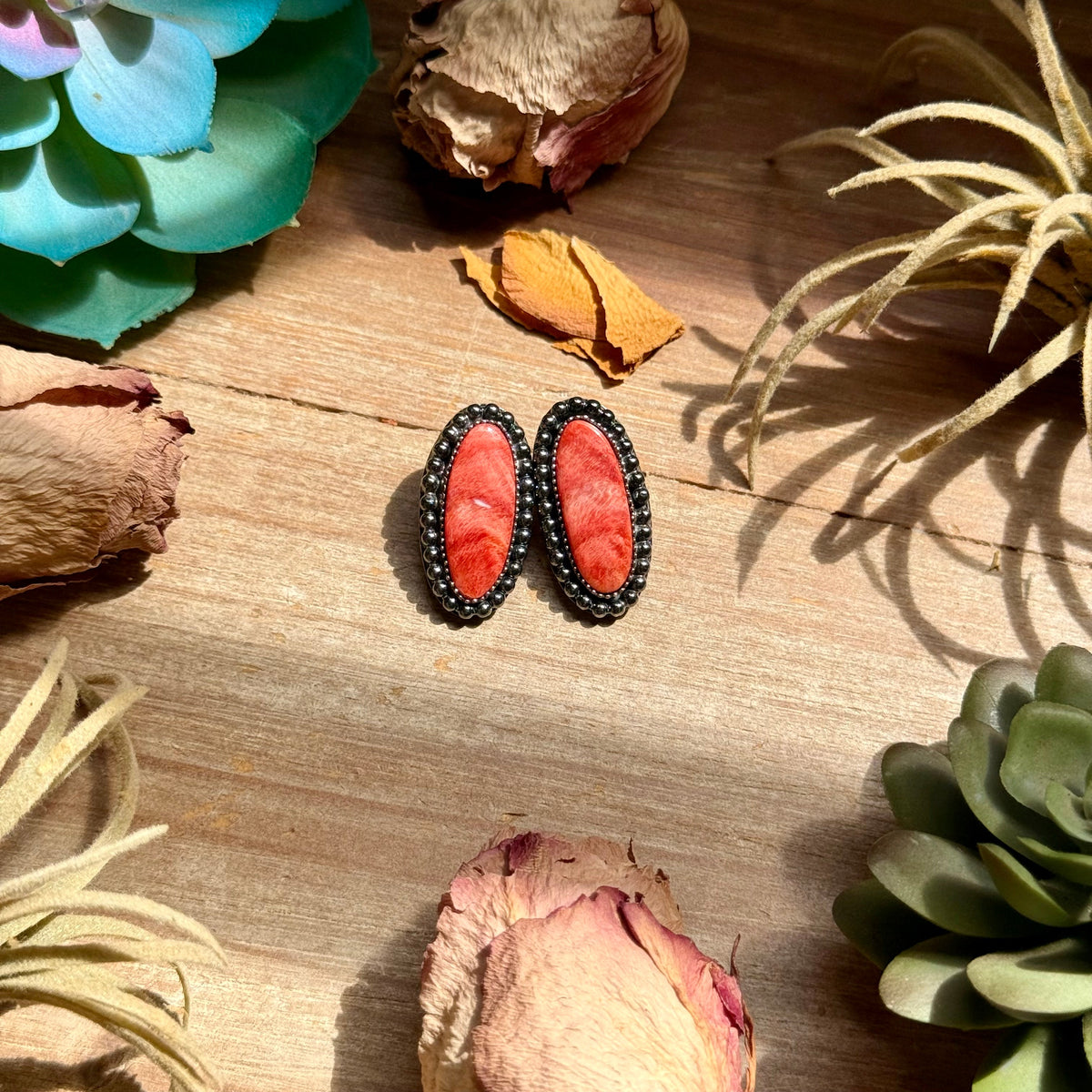 Red Spiny Oyster Long Oval Stud Earrings with Beaded Wire