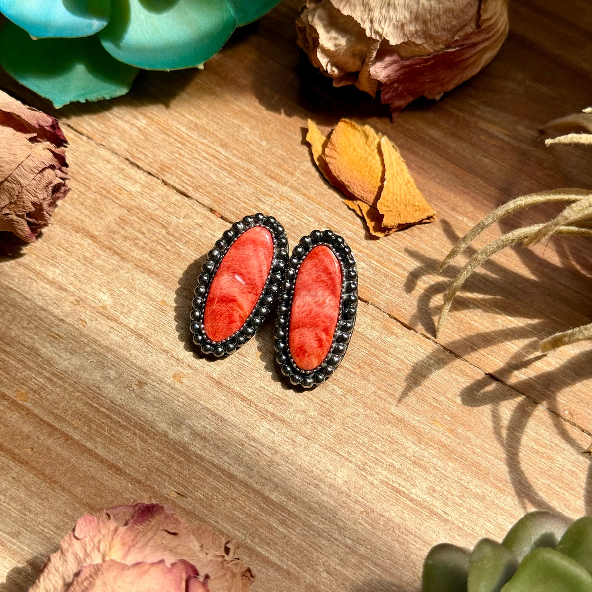 Red Spiny Oyster Long Oval Stud Earrings with Beaded Wire