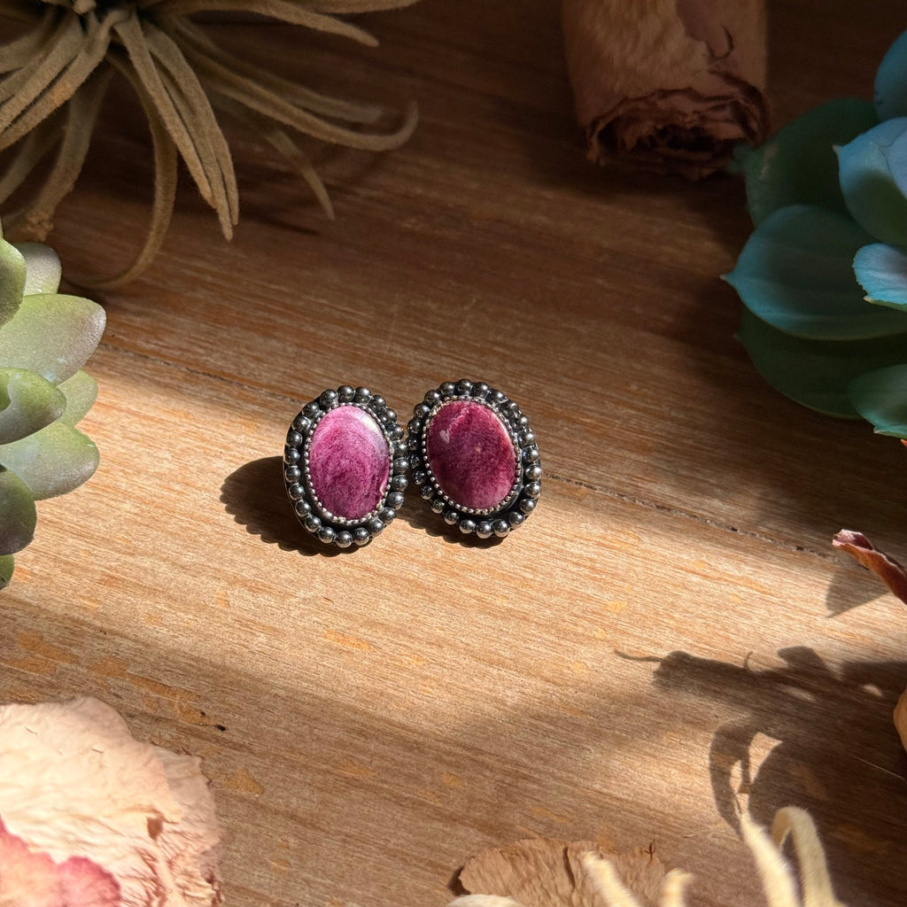 Dark Purple Spiny Oyster Oval Stud Earrings with Beaded Wire