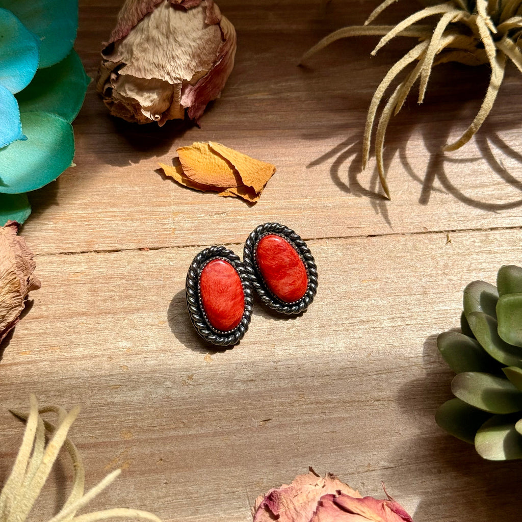Red Spiny Oyster Stud Earrings with Twisted Rope Border