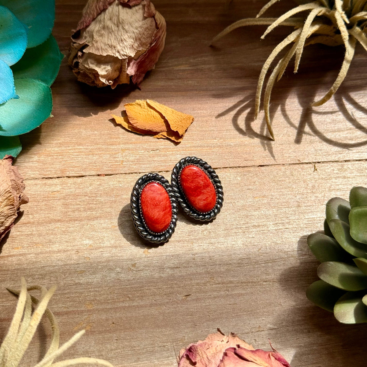Red Spiny Oyster Stud Earrings with Twisted Rope Border