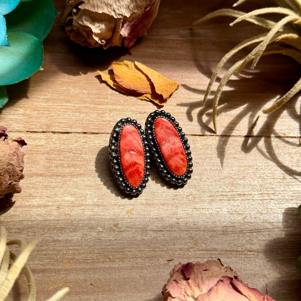 Red Spiny Oyster Long Oval Stud Earrings with Beaded Wire