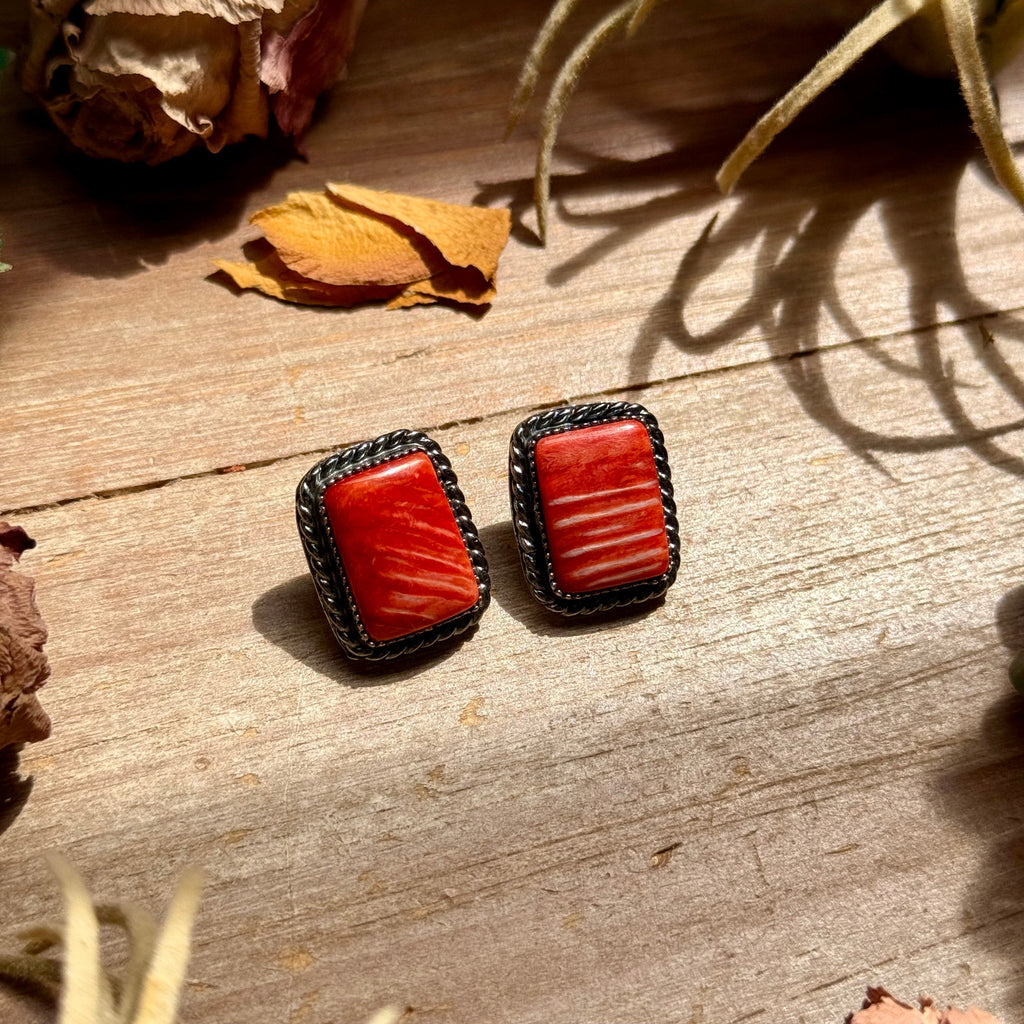 Red-Orange Spiny Oyster Rectangle Stud Earrings with Twisted Wire