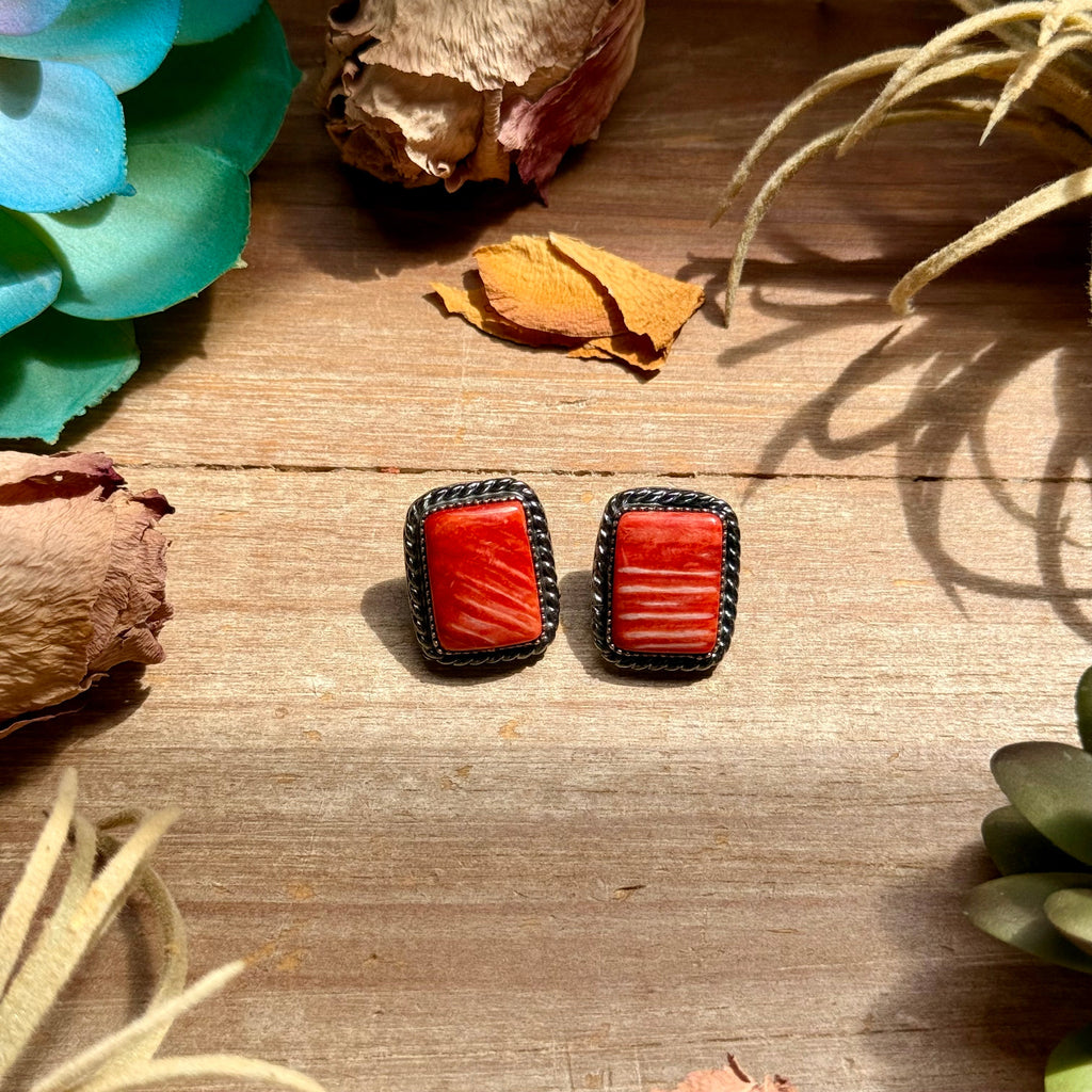 Red-Orange Spiny Oyster Rectangle Stud Earrings with Twisted Wire